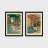 Set of 2 framed prints, Kawase Hasui Japanese woodblock prints: a red temple gate and pavilion with a figure; and a stream through autumn foliage — unframed