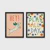 Set of 2 framed prints, playful kids' illustrations: a "Hey!" illustration of a leaping dachshund; and a "Play All Day" polka-dot typography print — unframed