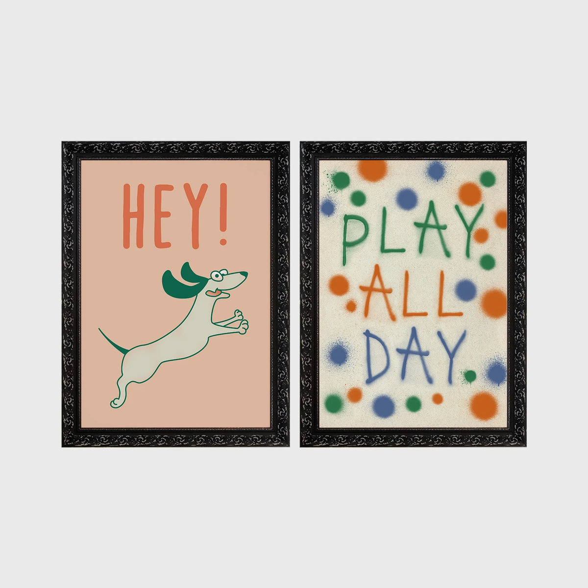 Set of 2 framed prints, playful kids' illustrations: a "Hey!" illustration of a leaping dachshund; and a "Play All Day" polka-dot typography print — unframed