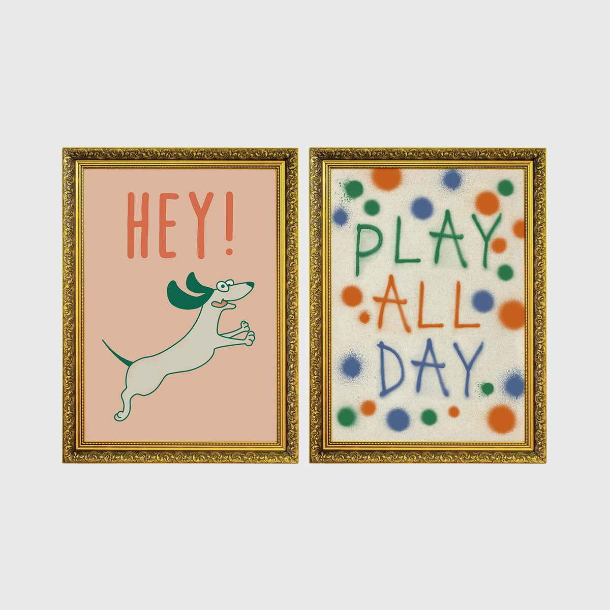 Set of 2 framed prints, playful kids' illustrations: a "Hey!" illustration of a leaping dachshund; and a "Play All Day" polka-dot typography print — unframed