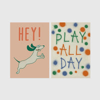 Set of 2 framed prints, playful kids' illustrations: a "Hey!" illustration of a leaping dachshund; and a "Play All Day" polka-dot typography print — unframed