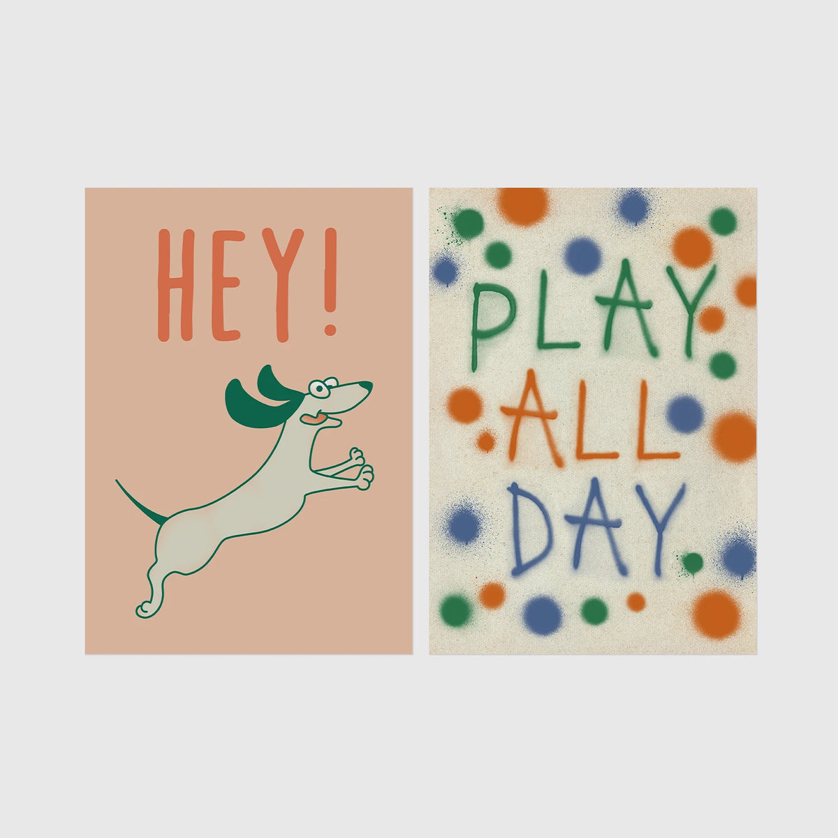 Set of 2 framed prints, playful kids' illustrations: a "Hey!" illustration of a leaping dachshund; and a "Play All Day" polka-dot typography print — unframed