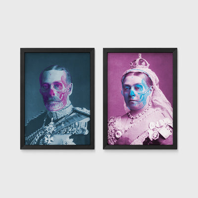 Set of 2 framed prints, royal portraits with skull overlay: a king's portrait with a half-skull face overlay in blue duotone; and a queen's portrait with a half-skull face overlay in pink duotone — unframed
