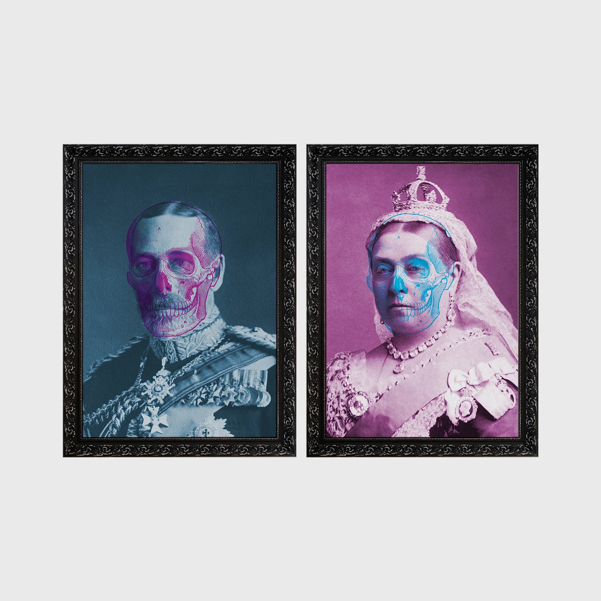 Set of 2 framed prints, royal portraits with skull overlay: a king's portrait with a half-skull face overlay in blue duotone; and a queen's portrait with a half-skull face overlay in pink duotone — unframed