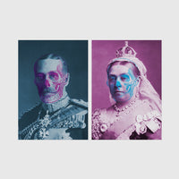 Set of 2 framed prints, royal portraits with skull overlay: a king's portrait with a half-skull face overlay in blue duotone; and a queen's portrait with a half-skull face overlay in pink duotone — unframed