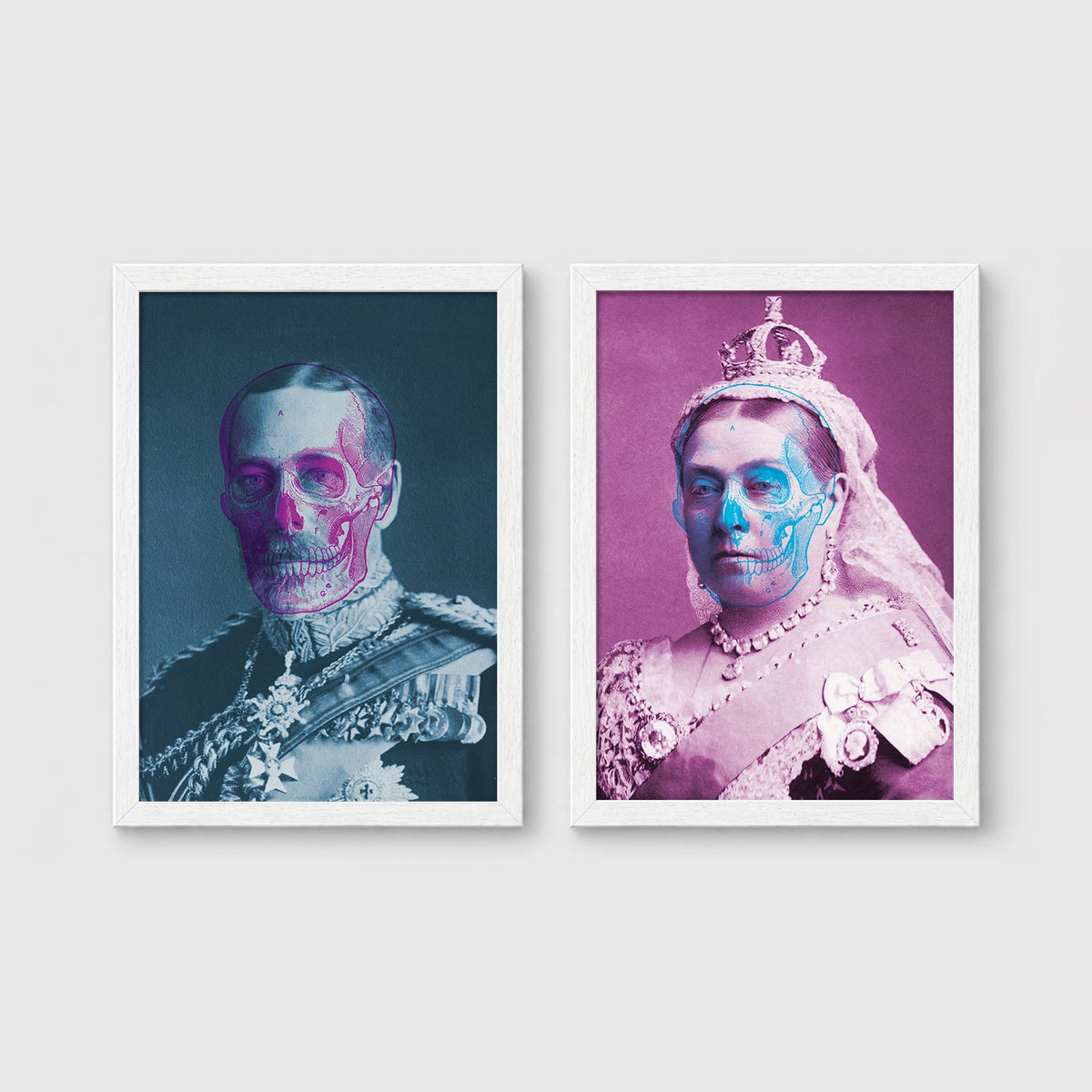 Set of 2 framed prints, royal portraits with skull overlay: a king's portrait with a half-skull face overlay in blue duotone; and a queen's portrait with a half-skull face overlay in pink duotone — unframed