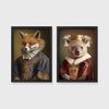 Set of 2 framed prints, animals in period noble dress: a fox in an Elizabethan ruff collar and blue robe; and a crowned koala in a royal robe — unframed