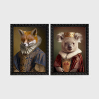 Set of 2 framed prints, animals in period noble dress: a fox in an Elizabethan ruff collar and blue robe; and a crowned koala in a royal robe — unframed