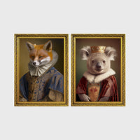 Set of 2 framed prints, animals in period noble dress: a fox in an Elizabethan ruff collar and blue robe; and a crowned koala in a royal robe — unframed