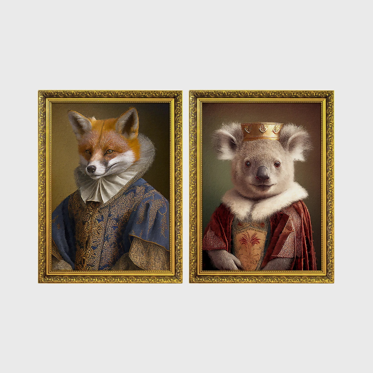 Set of 2 framed prints, animals in period noble dress: a fox in an Elizabethan ruff collar and blue robe; and a crowned koala in a royal robe — unframed