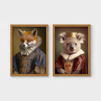 Set of 2 framed prints, animals in period noble dress: a fox in an Elizabethan ruff collar and blue robe; and a crowned koala in a royal robe — unframed