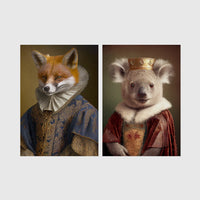 Set of 2 framed prints, animals in period noble dress: a fox in an Elizabethan ruff collar and blue robe; and a crowned koala in a royal robe — unframed