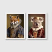 Set of 2 framed prints, animals in period noble dress: a fox in an Elizabethan ruff collar and blue robe; and a crowned koala in a royal robe — unframed
