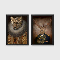 Set of 2 framed prints, animals in period noble dress: a leopard in an Elizabethan ruff collar; and a stag in a military uniform — unframed