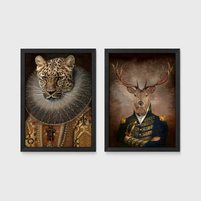 Set of 2 framed prints, animals in period noble dress: a leopard in an Elizabethan ruff collar; and a stag in a military uniform — unframed