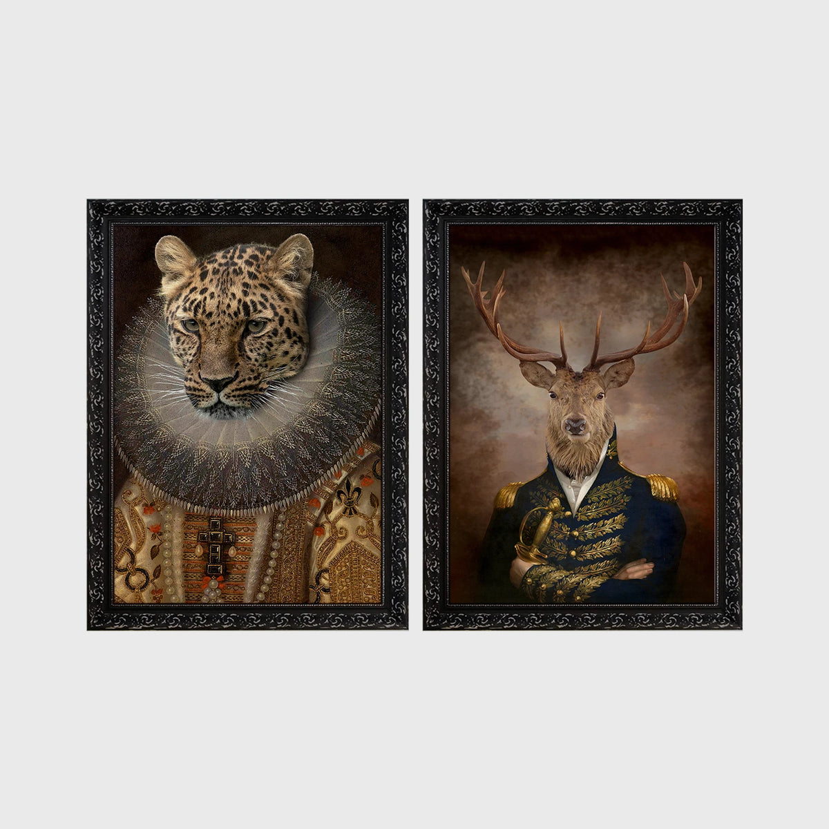 Set of 2 framed prints, animals in period noble dress: a leopard in an Elizabethan ruff collar; and a stag in a military uniform — unframed