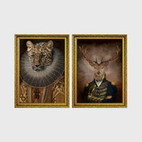 Set of 2 framed prints, animals in period noble dress: a leopard in an Elizabethan ruff collar; and a stag in a military uniform — unframed