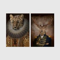 Set of 2 framed prints, animals in period noble dress: a leopard in an Elizabethan ruff collar; and a stag in a military uniform — unframed