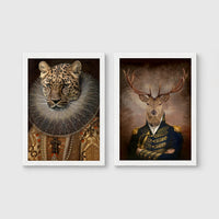 Set of 2 framed prints, animals in period noble dress: a leopard in an Elizabethan ruff collar; and a stag in a military uniform — unframed