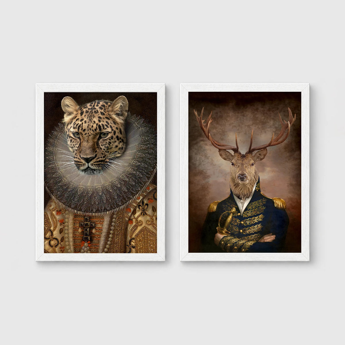 Set of 2 framed prints, animals in period noble dress: a leopard in an Elizabethan ruff collar; and a stag in a military uniform — unframed