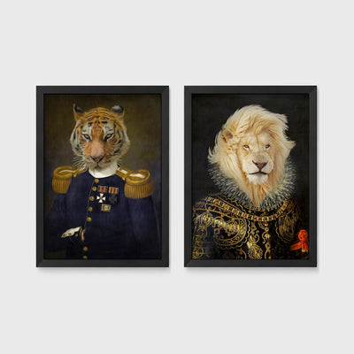 Set of 2 framed prints, animals in military/noble dress: a tiger in a military uniform with medals; and a lion in ornate armour with a ruffed mane — unframed
