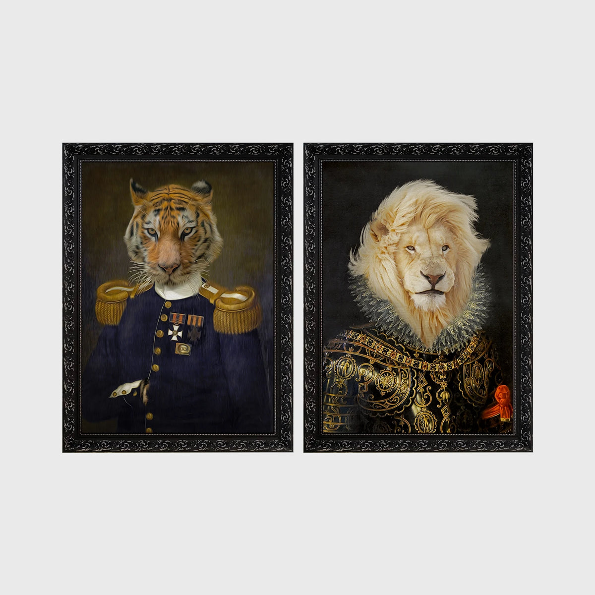 Set of 2 framed prints, animals in military/noble dress: a tiger in a military uniform with medals; and a lion in ornate armour with a ruffed mane — unframed