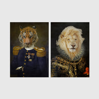 Set of 2 framed prints, animals in military/noble dress: a tiger in a military uniform with medals; and a lion in ornate armour with a ruffed mane — unframed