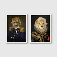 Set of 2 framed prints, animals in military/noble dress: a tiger in a military uniform with medals; and a lion in ornate armour with a ruffed mane — unframed