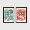 Set of 2 framed prints, flower market pattern prints: a "Madrid Flower Market" blue floral pattern; and a "The New London Flower Market" red floral pattern — unframed