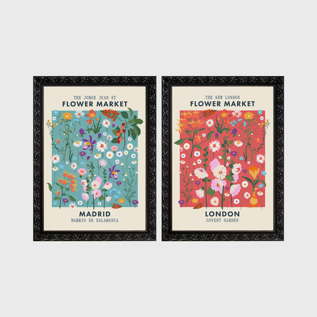 Set of 2 framed prints, flower market pattern prints: a "Madrid Flower Market" blue floral pattern; and a "The New London Flower Market" red floral pattern — unframed