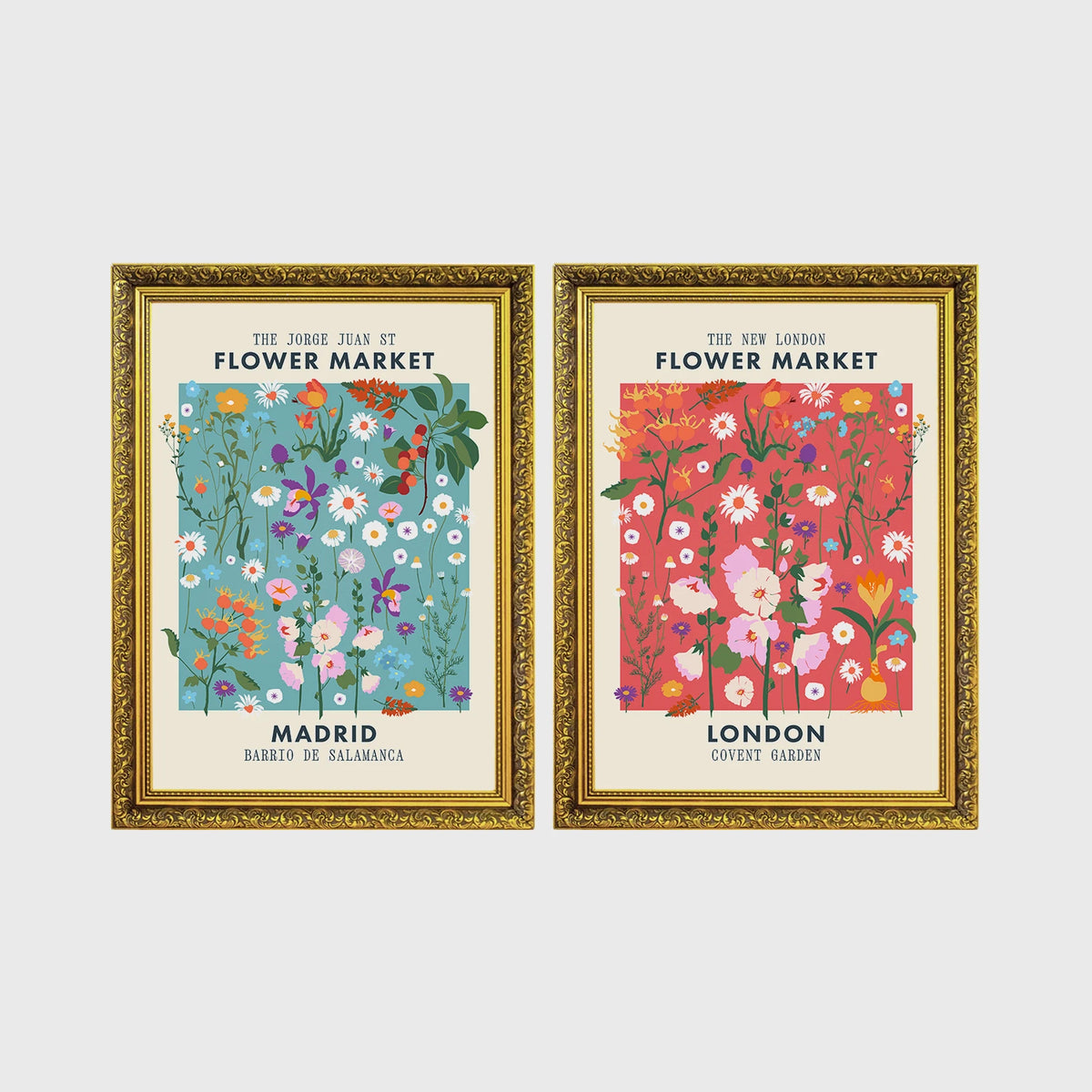 Set of 2 framed prints, flower market pattern prints: a "Madrid Flower Market" blue floral pattern; and a "The New London Flower Market" red floral pattern — unframed