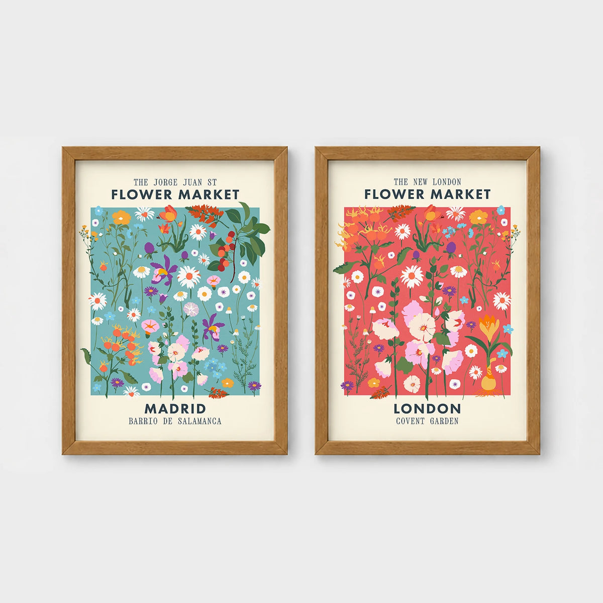 Set of 2 framed prints, flower market pattern prints: a "Madrid Flower Market" blue floral pattern; and a "The New London Flower Market" red floral pattern — unframed