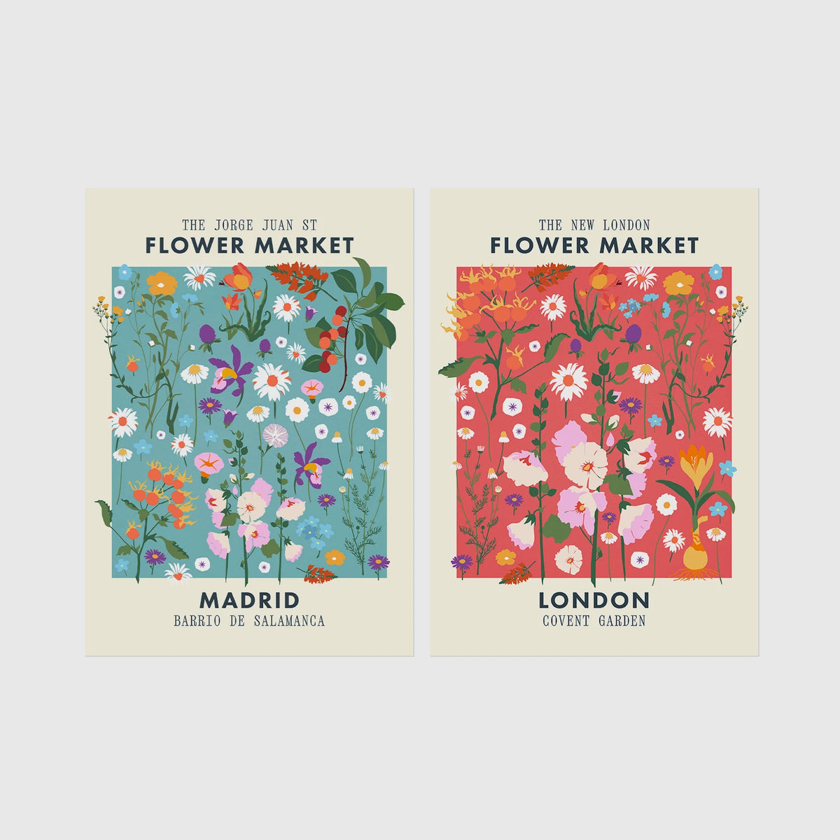 Set of 2 framed prints, flower market pattern prints: a "Madrid Flower Market" blue floral pattern; and a "The New London Flower Market" red floral pattern — unframed