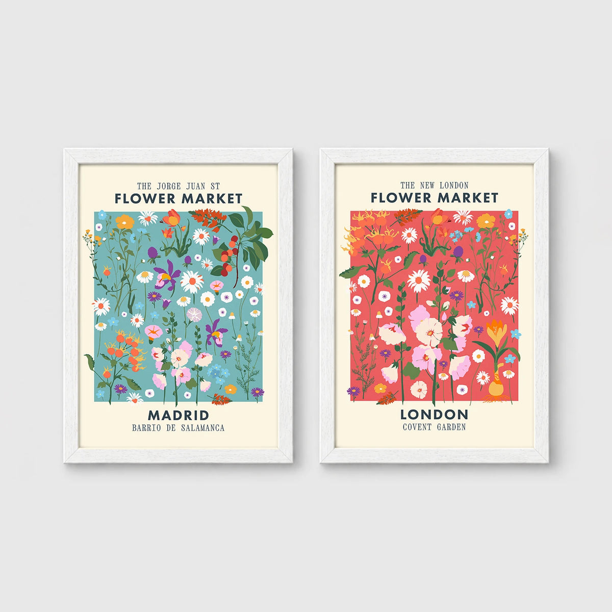 Set of 2 framed prints, flower market pattern prints: a "Madrid Flower Market" blue floral pattern; and a "The New London Flower Market" red floral pattern — unframed