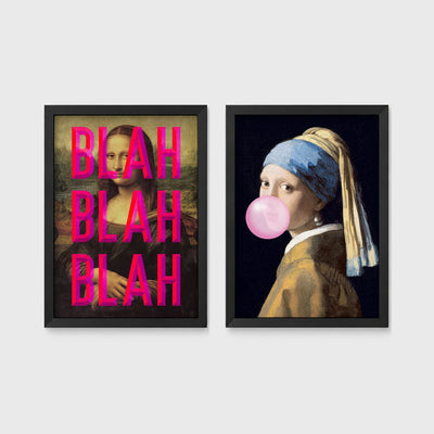 Set of 2 framed prints, classical art with pop-culture twists: the Mona Lisa with "Blah Blah Blah" pop-art text; and Girl with a Pearl Earring blowing pink bubblegum — unframed