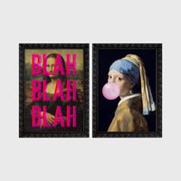 Set of 2 framed prints, classical art with pop-culture twists: the Mona Lisa with "Blah Blah Blah" pop-art text; and Girl with a Pearl Earring blowing pink bubblegum — unframed