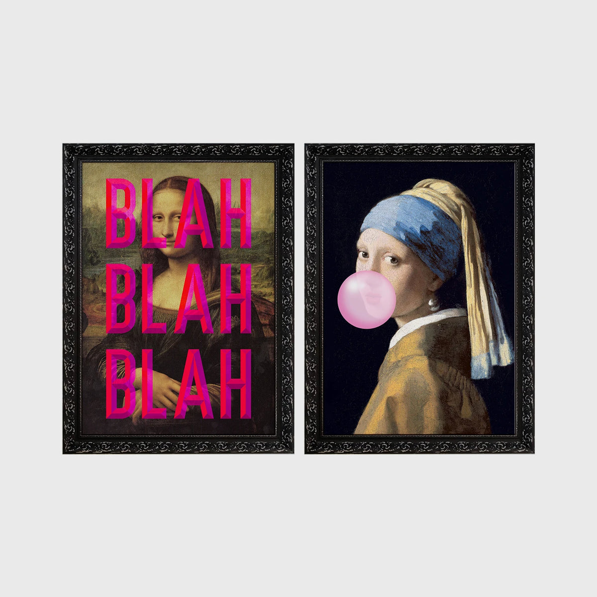 Set of 2 framed prints, classical art with pop-culture twists: the Mona Lisa with "Blah Blah Blah" pop-art text; and Girl with a Pearl Earring blowing pink bubblegum — unframed