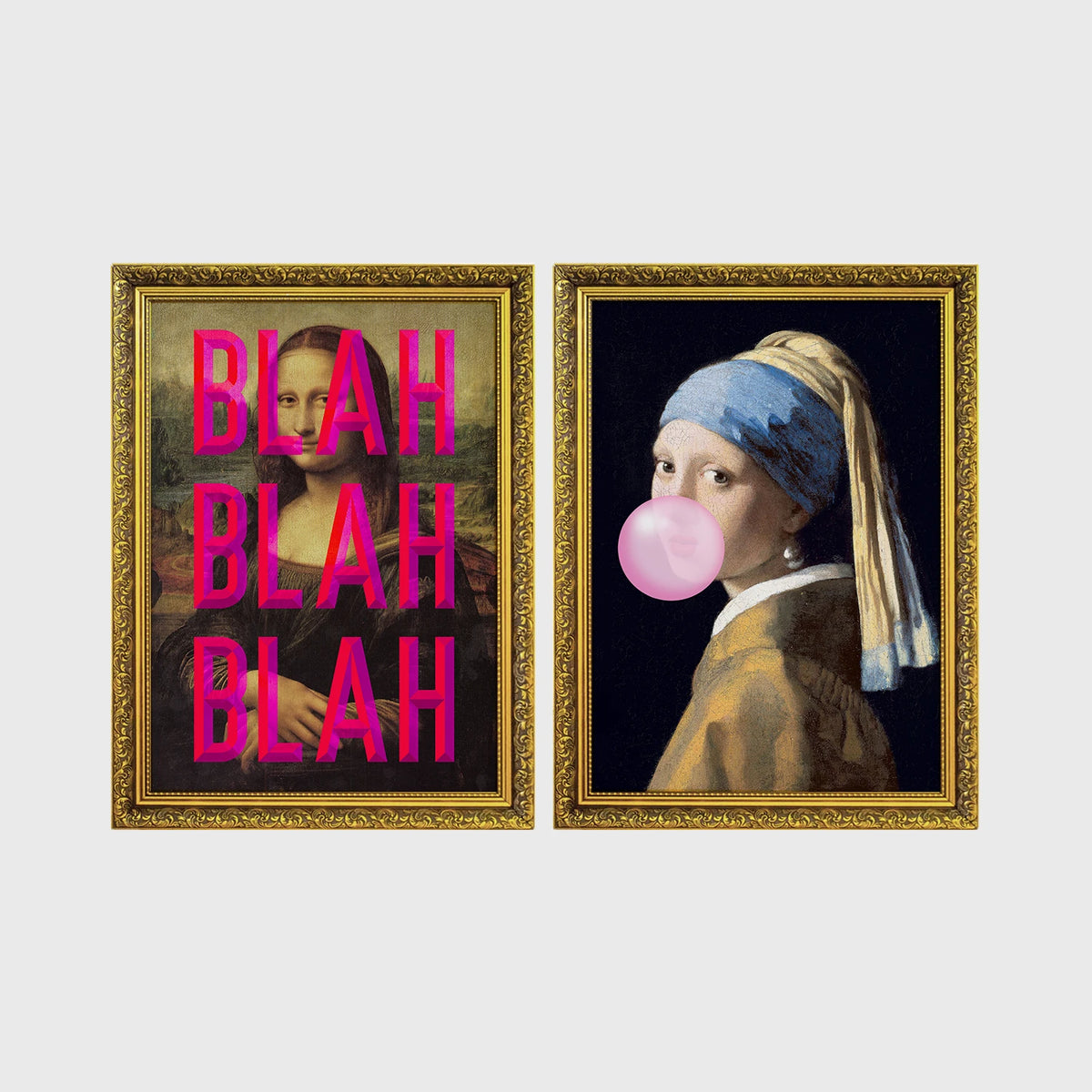 Set of 2 framed prints, classical art with pop-culture twists: the Mona Lisa with "Blah Blah Blah" pop-art text; and Girl with a Pearl Earring blowing pink bubblegum — unframed