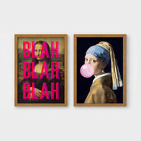 Set of 2 framed prints, classical art with pop-culture twists: the Mona Lisa with "Blah Blah Blah" pop-art text; and Girl with a Pearl Earring blowing pink bubblegum — unframed