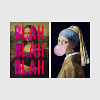 Set of 2 framed prints, classical art with pop-culture twists: the Mona Lisa with "Blah Blah Blah" pop-art text; and Girl with a Pearl Earring blowing pink bubblegum — unframed