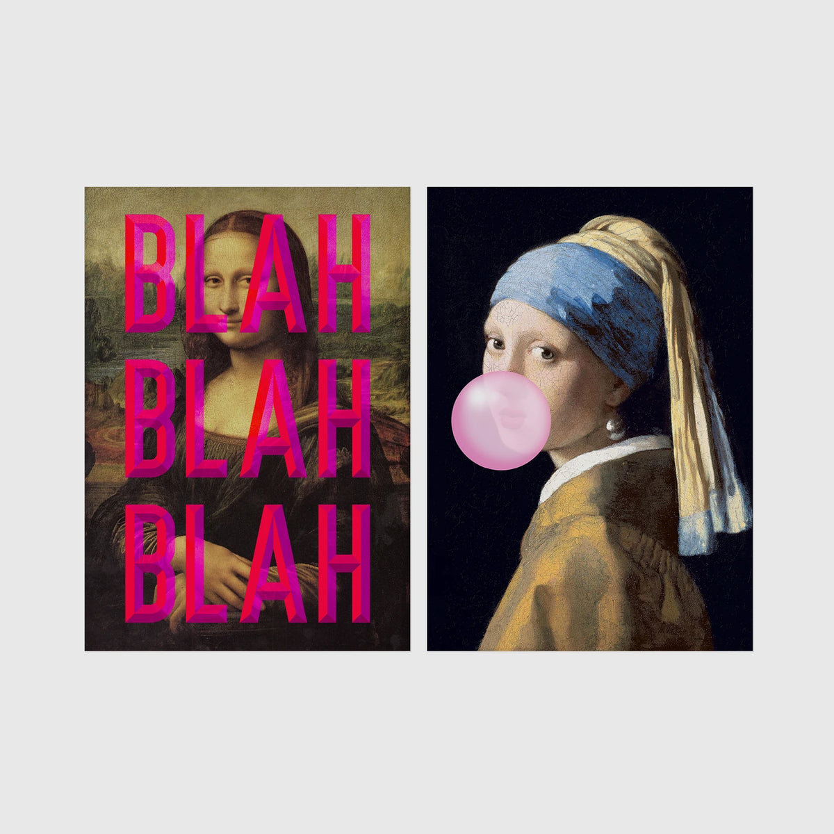 Set of 2 framed prints, classical art with pop-culture twists: the Mona Lisa with "Blah Blah Blah" pop-art text; and Girl with a Pearl Earring blowing pink bubblegum — unframed