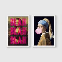Set of 2 framed prints, classical art with pop-culture twists: the Mona Lisa with "Blah Blah Blah" pop-art text; and Girl with a Pearl Earring blowing pink bubblegum — unframed