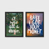 Set of 2 framed prints, reimagined masterpieces with text: a Rousseau jungle painting with "It Was All A Dream" hand-lettered text; and a Monet sunset seascape with "Baby I Got Your Monet" hand-lettered text — unframed