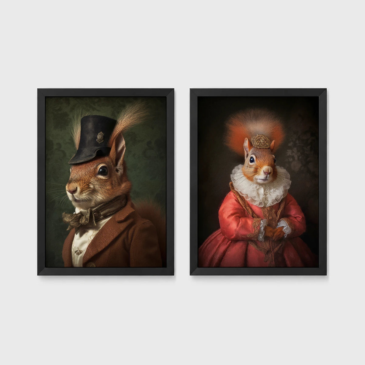 Set of 2 framed prints, squirrels in period dress: "Mr" squirrel in a top hat and bow tie; and "Mrs" squirrel crowned in a pink dress — unframed