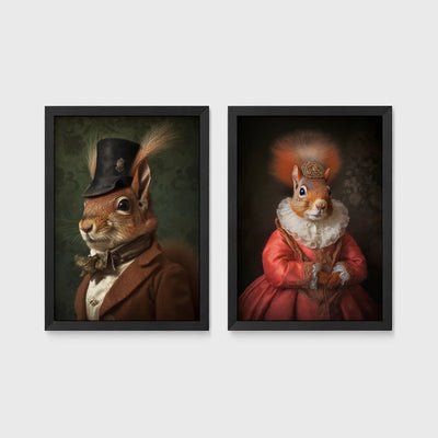 Set of 2 framed prints, squirrels in period dress: "Mr" squirrel in a top hat and bow tie; and "Mrs" squirrel crowned in a pink dress — unframed