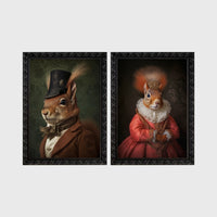 Set of 2 framed prints, squirrels in period dress: "Mr" squirrel in a top hat and bow tie; and "Mrs" squirrel crowned in a pink dress — unframed