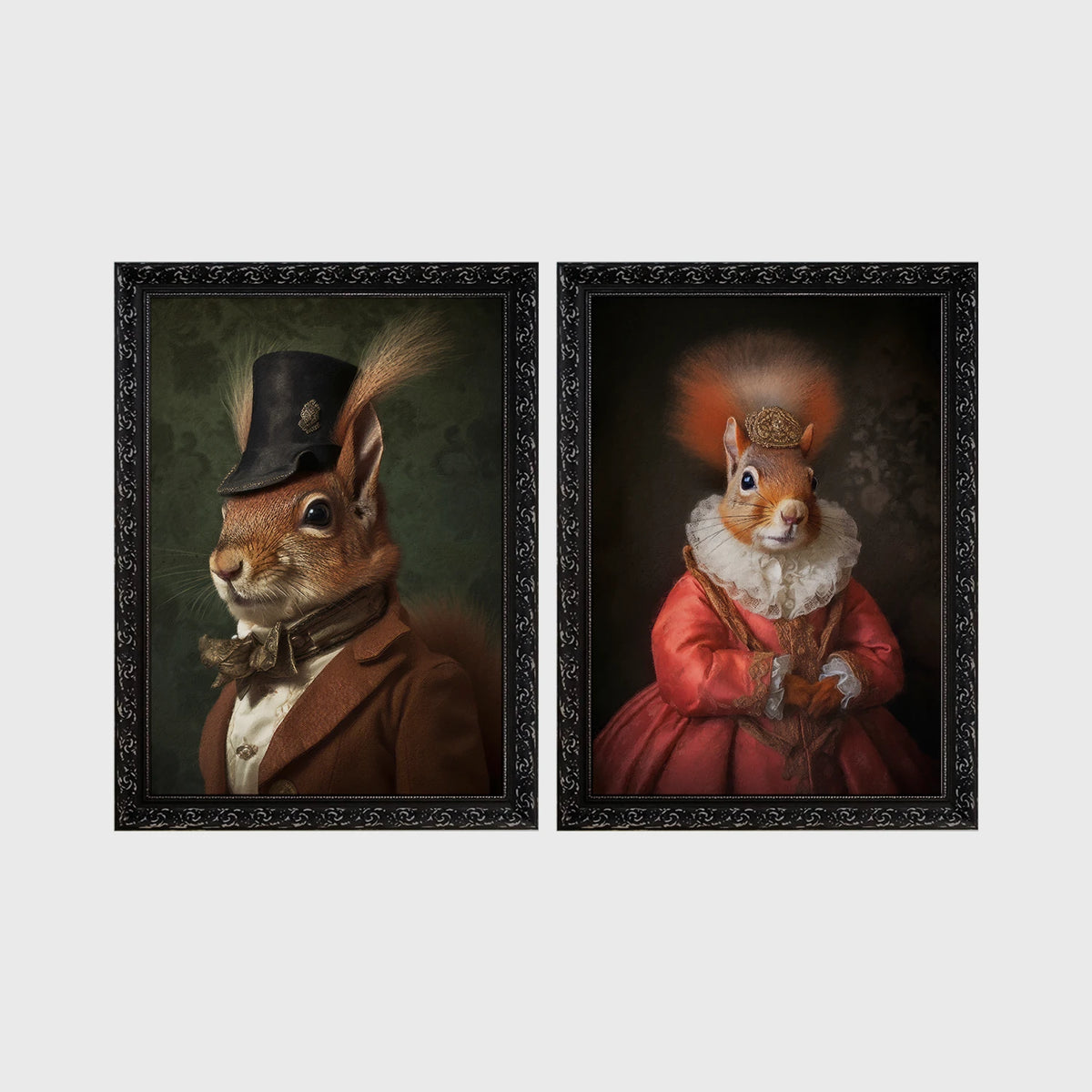 Set of 2 framed prints, squirrels in period dress: "Mr" squirrel in a top hat and bow tie; and "Mrs" squirrel crowned in a pink dress — unframed