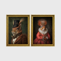 Set of 2 framed prints, squirrels in period dress: "Mr" squirrel in a top hat and bow tie; and "Mrs" squirrel crowned in a pink dress — unframed