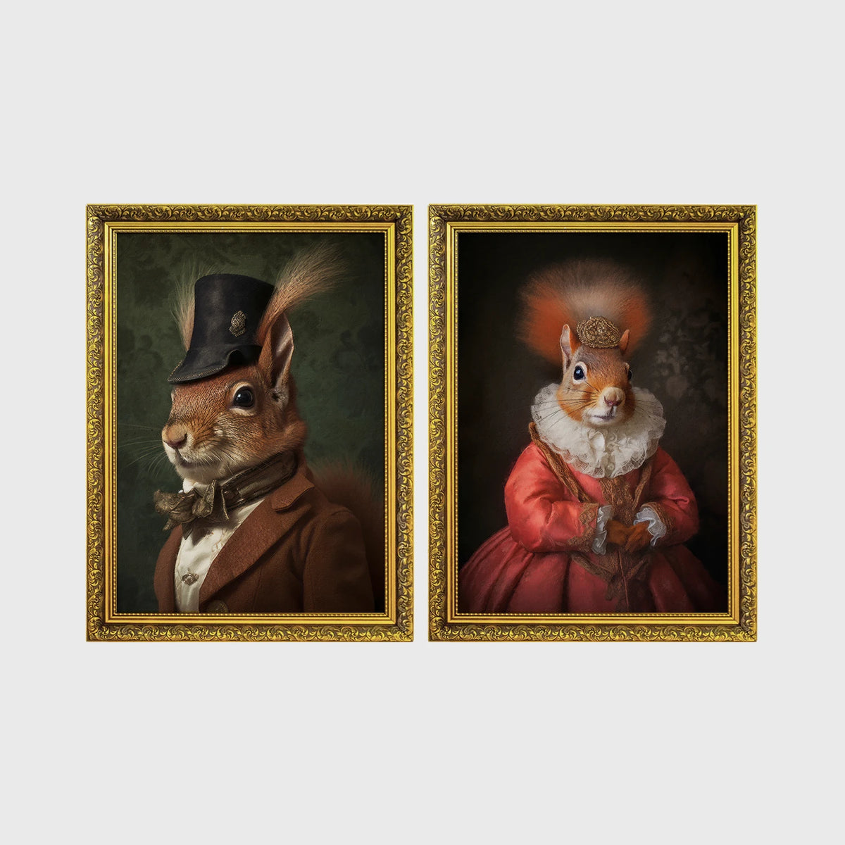 Set of 2 framed prints, squirrels in period dress: "Mr" squirrel in a top hat and bow tie; and "Mrs" squirrel crowned in a pink dress — unframed