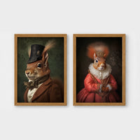 Set of 2 framed prints, squirrels in period dress: "Mr" squirrel in a top hat and bow tie; and "Mrs" squirrel crowned in a pink dress — unframed